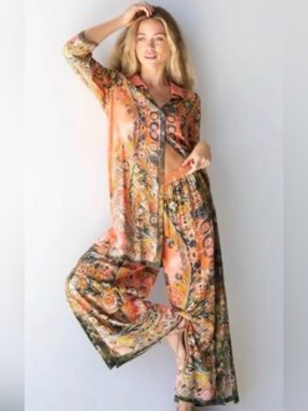 NATURAL LIFE Floral Printed Wide-Leg Pants and Tunic Top/Dress Set